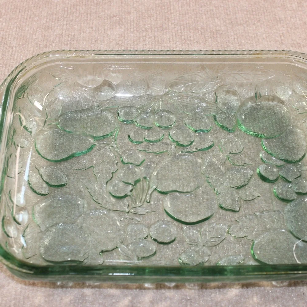Vintage Green Glass Embossed Fruit Pattern Rectangular Serving Dish Tray 14 Inch